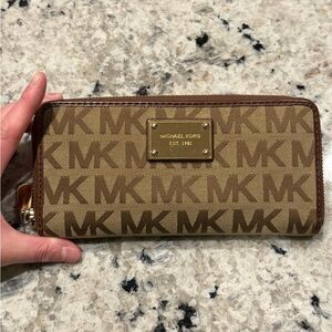 Michael Kors Tan and Brown Logo Zip Wallet